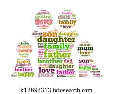 family info text collage Composed in the shape of man female and kids an i solated on white