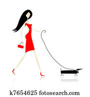 Woman in red dress walking with dog