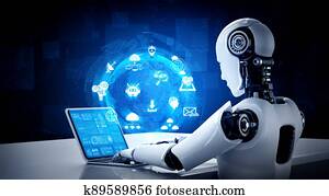 רובוט, כמו אדם, השתמש, מחשב נייד, ו, שב, בשולחן, ל, רשת גלובלית, קשר