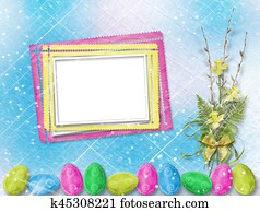 bouquetten, van, zacht, takjes, van, wilg, en, narcis, met, paasei