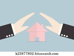 Businessman protect house by hands Businessman protect house by hands