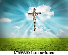 jesucristo, en, cruz, radiates, ligh