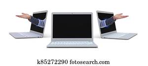 mock up opened laptop with human arms on white background mock up opened laptop with human arms on white background