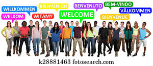 Multi ethnic group of smiling young people saying welcome