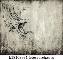 Tattoo art, sketch of a dragon over vintage background Tattoo art, sketch of a dragon over vintage background
