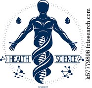 vector, grafisch, illustratie, van, sterke, mannelijke, depicted, als, dna, symbool, voortzetting, en, gecreëerde, met, wireframe, connections., biotechniek, als, de, richting, van, genetics.