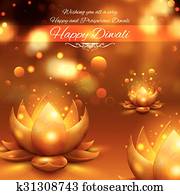 זהוב, לוטוס, עצב, diya, ב, תקציר, diwali, רקע