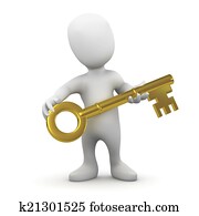 3d Little man holding a gold key