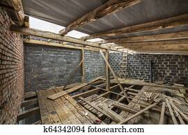 Edificio, debajo, construction., techo, vigas, marco, y, techado