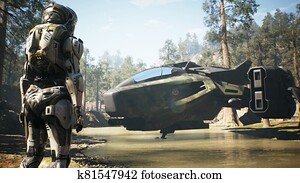 a, צבא, אסטרונאוט, is, לחכות, ל, a, הצל, חללית, ב, a, אבד, planet., דוגמה, ל, fantasy,, עתידי, או, רווח מטייל, backgrounds., 3d, rendering.