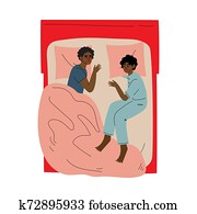 African American Couple Sleeping in Bed, Husband and Wife Slumbering at Nigh, View From Above Vector Illustration