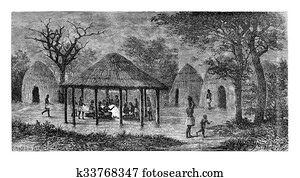 At the Tribal Meeting Place in Angola, Southern Africa, vintage engraving