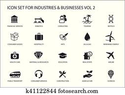 Business icons and symbols of various industries / business sectors like consulting, tourism, hospitality, agriculture, renewable energy, real estate, consumer services, construction, financial services Business icons and symbols of various industries / business sectors like consulting, tourism, hospitality, agriculture, renewable energy, real estate, consumer services, construction, financial services
