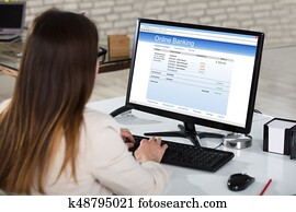 executiva, fazendo, negócio online bancário, em, escritório