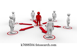 Red 3d-man requesting connection with surrounding white 3d-men