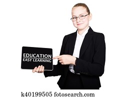 school girl in a business suit holds a pc tablet in his hands with inscription education easy learning