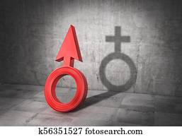 Transgender concept. Sex change. Latent life. Men badge cast shadow in form of woman badge. 3d illustration