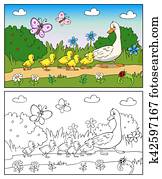 Coloring book. Mother duck and ducklings.