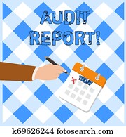 escrita, nota, mostrando, auditoria, report., negócio, foto, showcasing, escrito, opinião, de, um, revisor contas, aproximadamente, companys, financeiro, estado, formal, paleto, cruzes, desligado, um, dia, calendário, vermelho, tinta, esferográfica, pen.