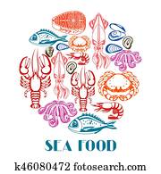hintergrund, mit, unterschiedliche, seafood., abbildung, von, fish,, schaltier, und, krustentiere hintergrund, mit, unterschiedliche, seafood., abbildung, von, fish,, schaltier, und, krustentiere