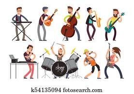 Rock n roll music band vector characters with musical instruments. Musicians playing music Rock n roll music band vector characters with musical instruments. Musicians playing music