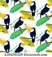 Toco toucan bird on banana leaves seamless vector pattern.