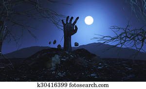 3D zombie hand bursting out of the ground