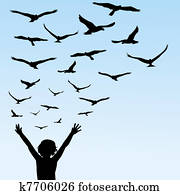 Child learning to fly, illustration with child and birds Child learning to fly, illustration with child and birds