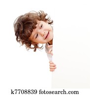 Curly funny child face holding blank advertising banner Curly funny child face holding blank advertising banner