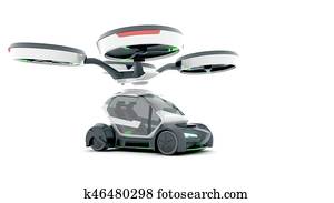 demonstração, de, autônomo, elétrico, voando, car.3D, ilustração