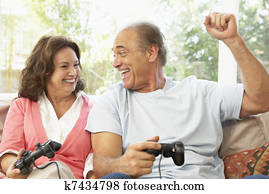 senior couple, hrací, computer zverina, do domov