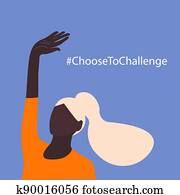 International womens day. 8th march. Poster with Black woman with raised hand. Choose to Challenge campaign. Vector illustration in flat style for greeting card, postcard, web, banner. Eps 10