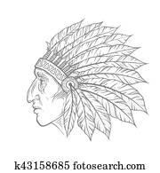 Stock Images of Sketch of tattoo art, portrait of american indian head