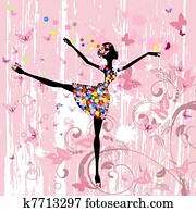 רקדנית בלט, אישה, עם, פרחים, עם, פרפרים, גראנג