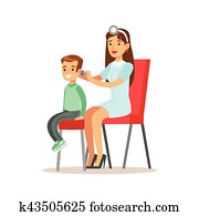 Boy On Medical Check-Up With Female Pediatrician Doctor Checking His Ears Doing Physical Examination For The Pre-School Health Inspection Boy On Medical Check-Up With Female Pediatrician Doctor Checking His Ears Doing Physical Examination For The Pre-School Health Inspection