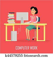 Computer Work Concept Illustration In Flat Design.