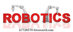 Industrial robotic arms building ROBOTICS word Industrial robotic arms building ROBOTICS word