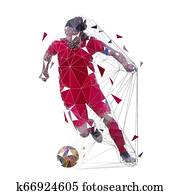 jugador del fútbol, en, rojo, jersey, funcionamiento, con, pelota, frente, vista., geométrico, bajo, poly, vector, ilustración