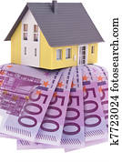 many euro bills and a house