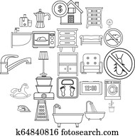 confortável, casa, ícones, jogo, esboço, estilo