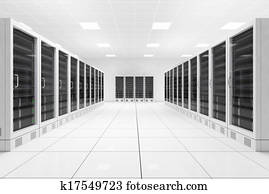 Datacenter, com, dois, filas, de, computadores, central, vista