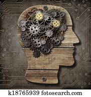 modelo de cerebro, hecho, de, madera, metal oxidado, engranajes, y, dientes