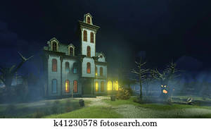 Old haunted mansion at misty night Old haunted mansion at misty night