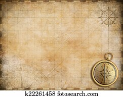 old map with brass compass as exploration and adventure backgrou