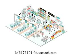 supermarkt, interior., lebensmittelgesch?ft, store., buntes, isometrisch, illustration. supermarkt, interior., lebensmittelgesch?ft, store., buntes, isometrisch, illustration.