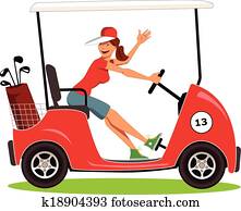 frau, fahren, a, golfkarren