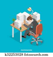 paperwork, isometric, leilighet, vektor, concept.