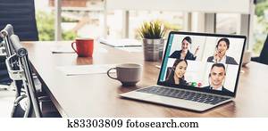 video, rufen, geschäftsmenschen, versammlung, auf, virtuell, arbeitsplatz, oder, entfernt, büro
