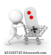 3D Character pushing shopping cart holding video game controller