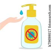 Hand sanitizers kill most bacteria, fungi and stop some viruses such as coronavirus. Hygiene product. Covid-19 spread prevention. Vector illustration Hand sanitizers kill most bacteria, fungi and stop some viruses such as coronavirus. Hygiene product. Covid-19 spread prevention. Vector illustration